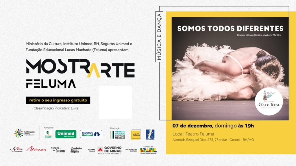 A MostrArte Feluma de dezembro faz um convite à inclusão e traz ao palco do Teatro Feluma o espetáculo ballet e violão “SOMOS TODOS DIFERENTES”.